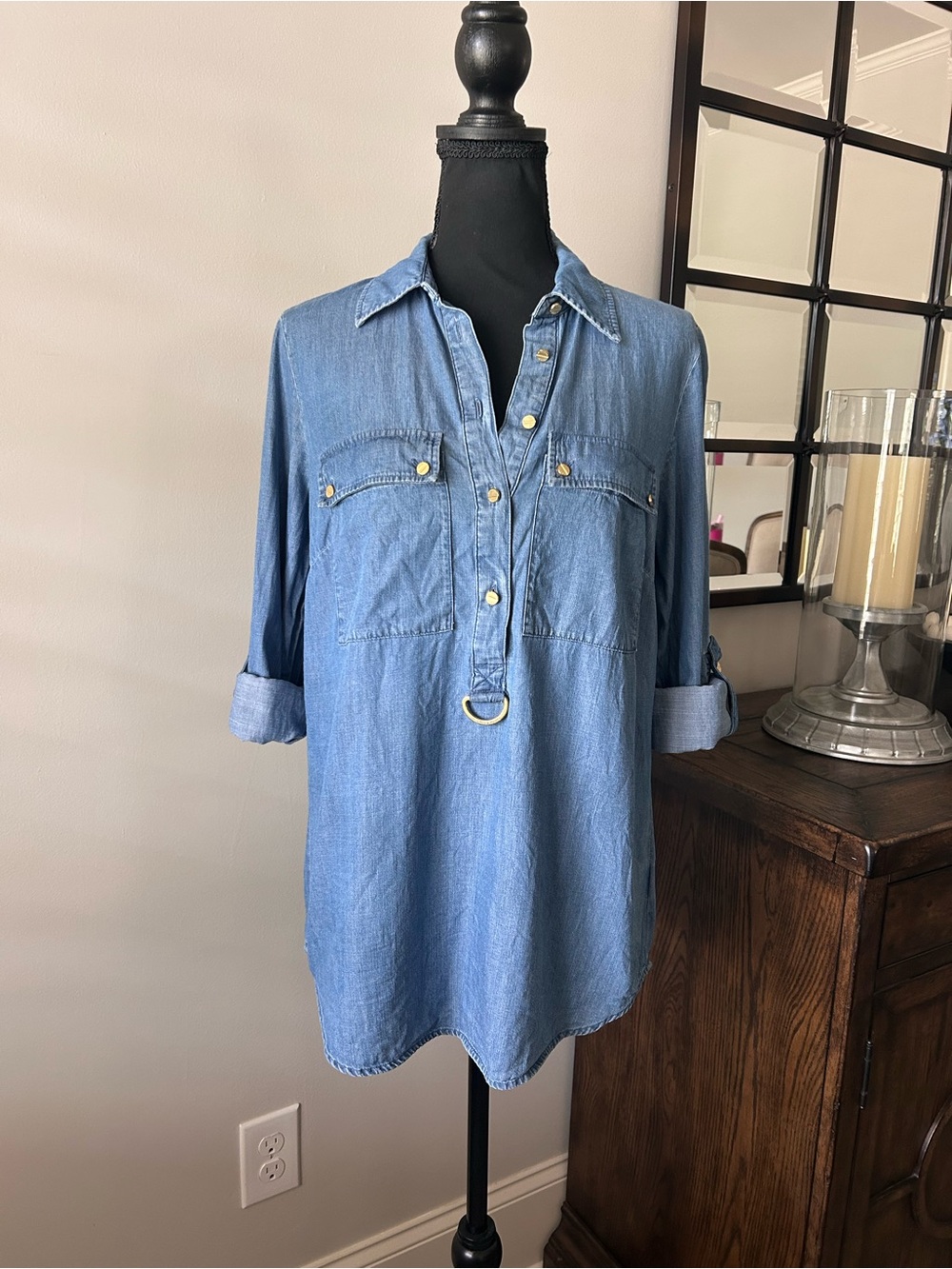 Michael Kors chambray denim roll-tab sleeve tunic shirt dress